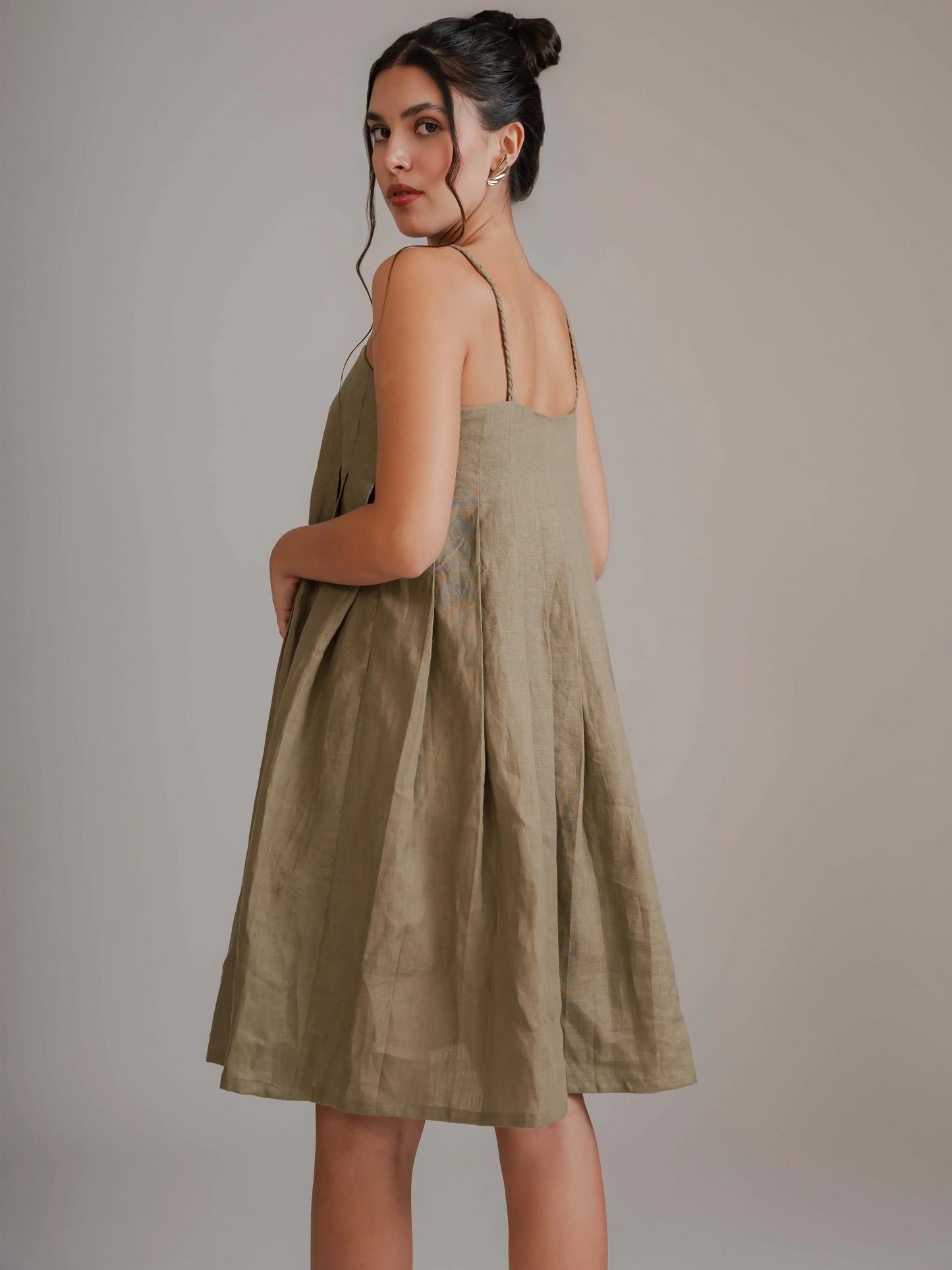 Olive Pleated Short Dress